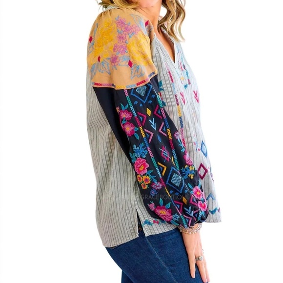 SAVANNA JANE KERRI EMBROIDERED PATCHWORK LS BOHO TOP SIZE 2X NWT - Picture 3 of 9